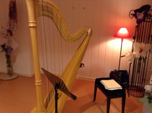 Mijn harp voor het concert in Laren, vol bloemen als versiering er om heen.
